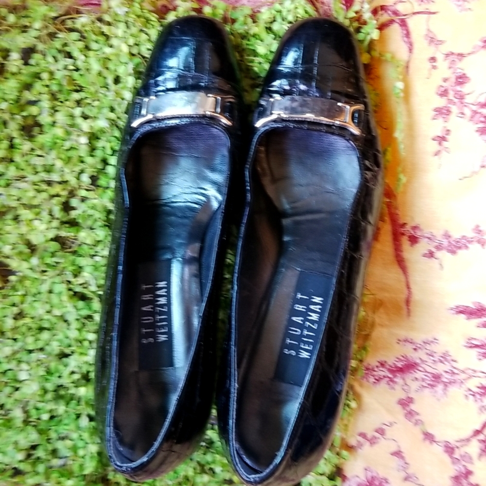 STUART WEITZMAN Crocodile Black Patent Leather Silver Buckle Pump Heels Shoes 8N - Picture 4 of 12